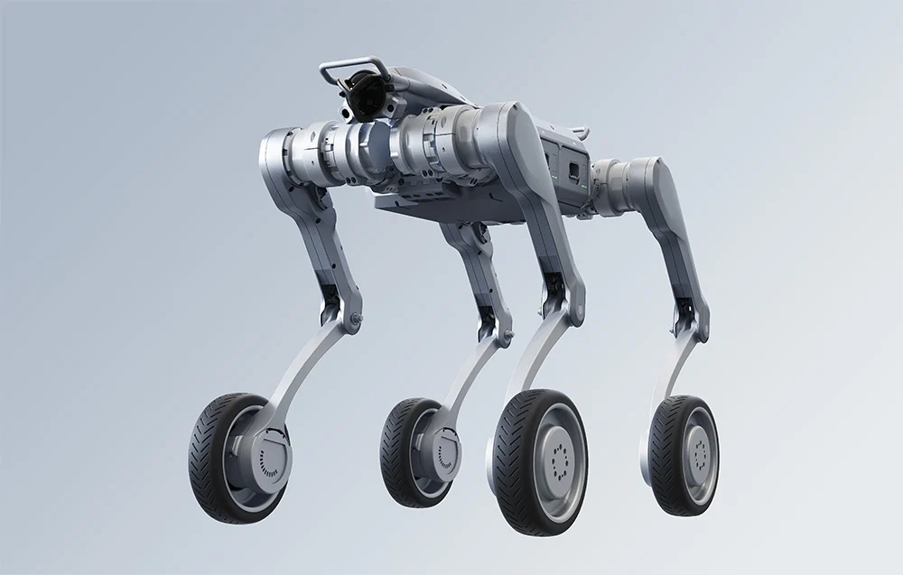 Unitree A2-W Pro na jasnym tle w pozycji stojącej – robot z kołami, gotowy do pracy w terenie.
